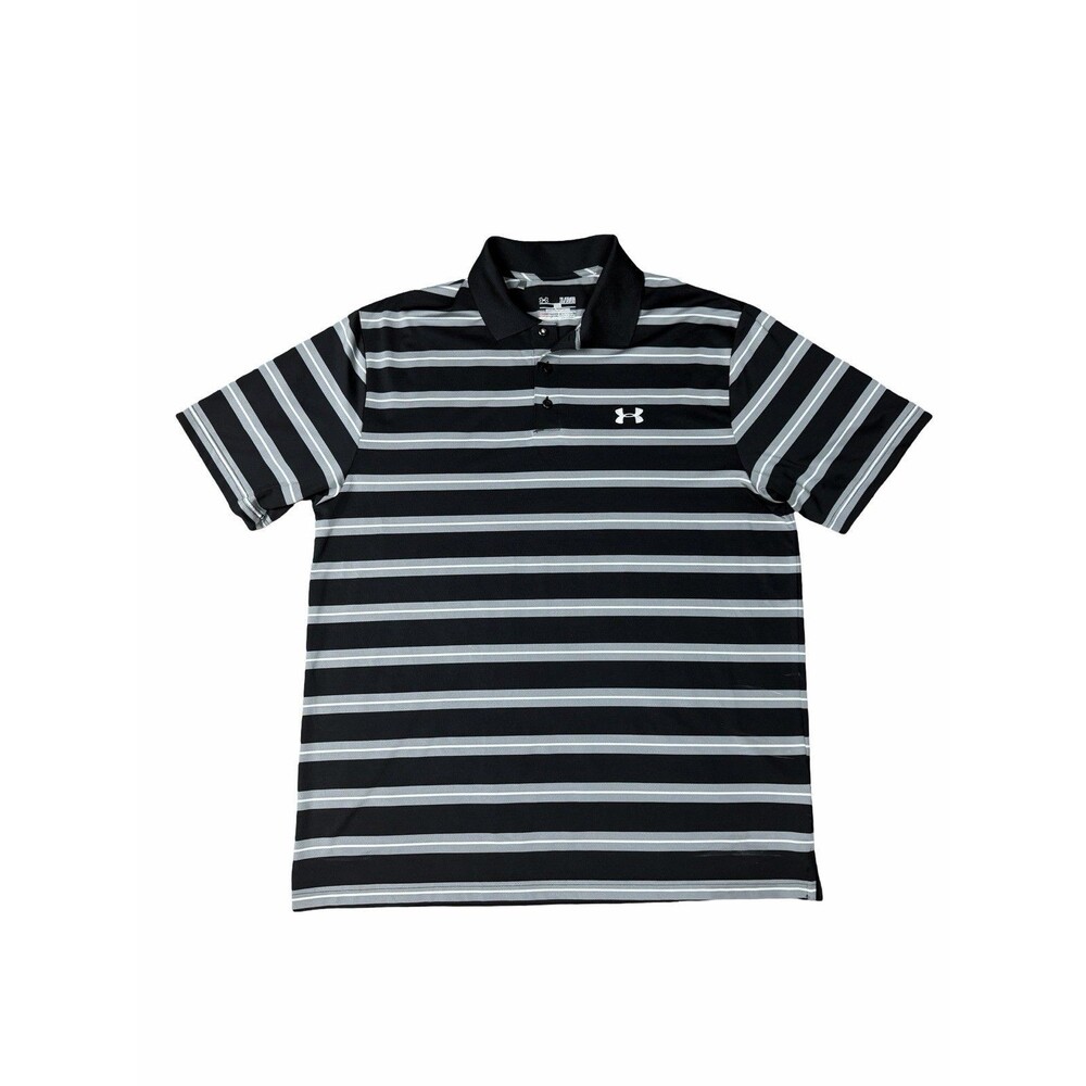 Under Armour HeatGear Mens XL Polo Shirt Black Grey Striped Loose Fit NWOT